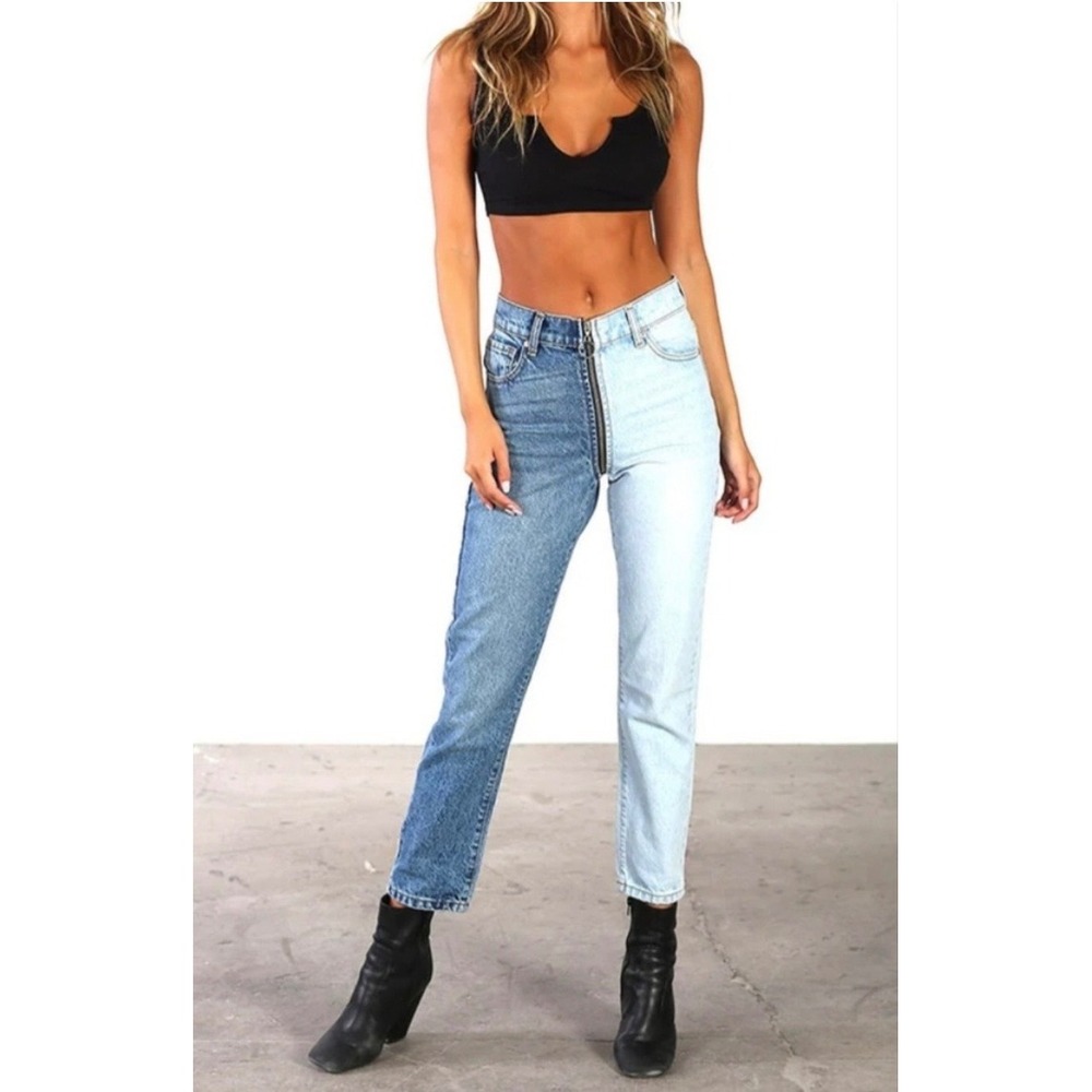 Revice Denim Yin Yang Crop Jeans Two Tone Split Wash High Rise Zipper Womens 28